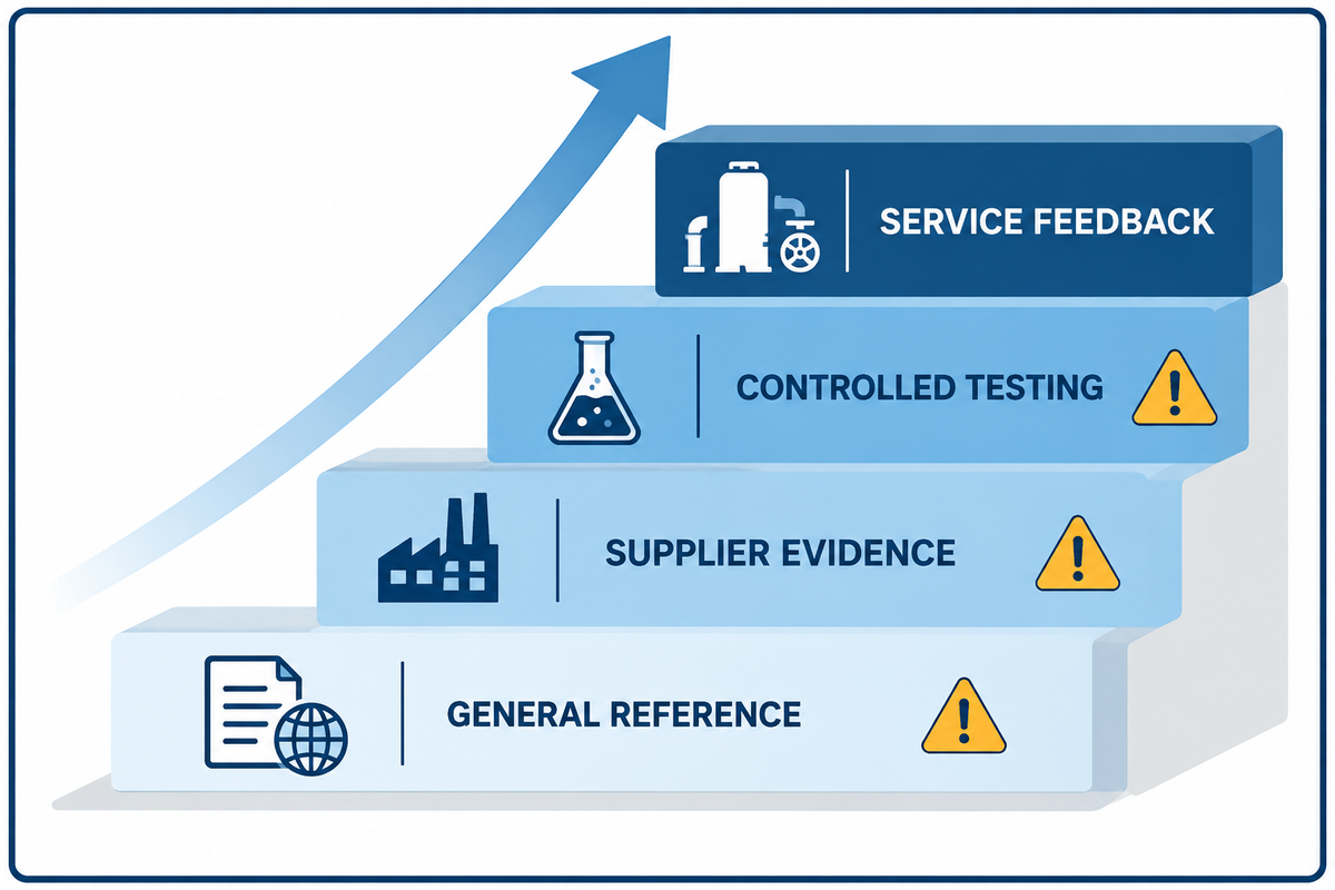 Escalera de evidencia desde datos generales de compatibilidad hasta comentarios de pruebas y servicios.