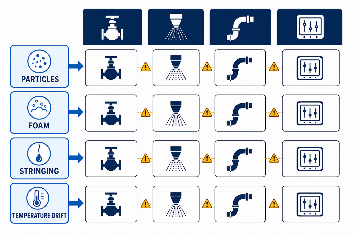 Behavior-to-hardware map for difficult liquid products.