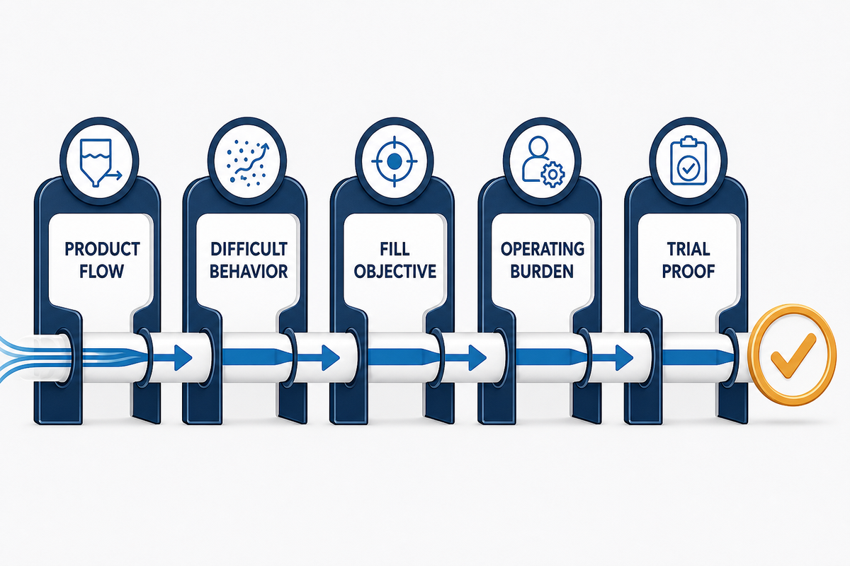 Five-gate decision framework for piston versus gravity filler selection.