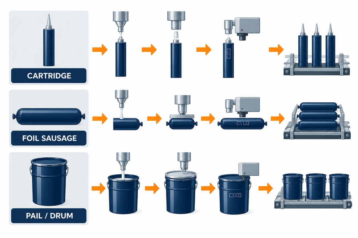 Cartridge, foil sausage, pail and drum packaging paths for silicone sealant filling.