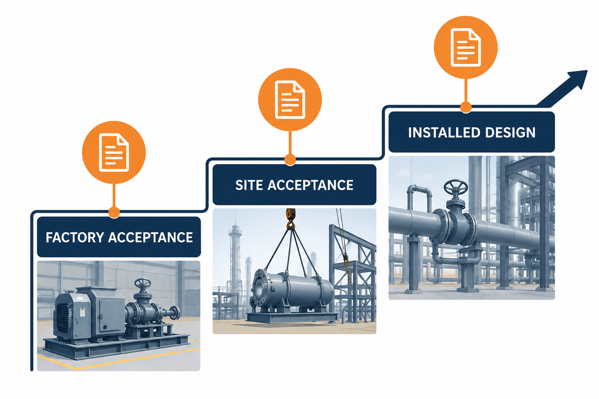 Acceptance evidence ladder for factory testing, site testing and installed-design inspection.