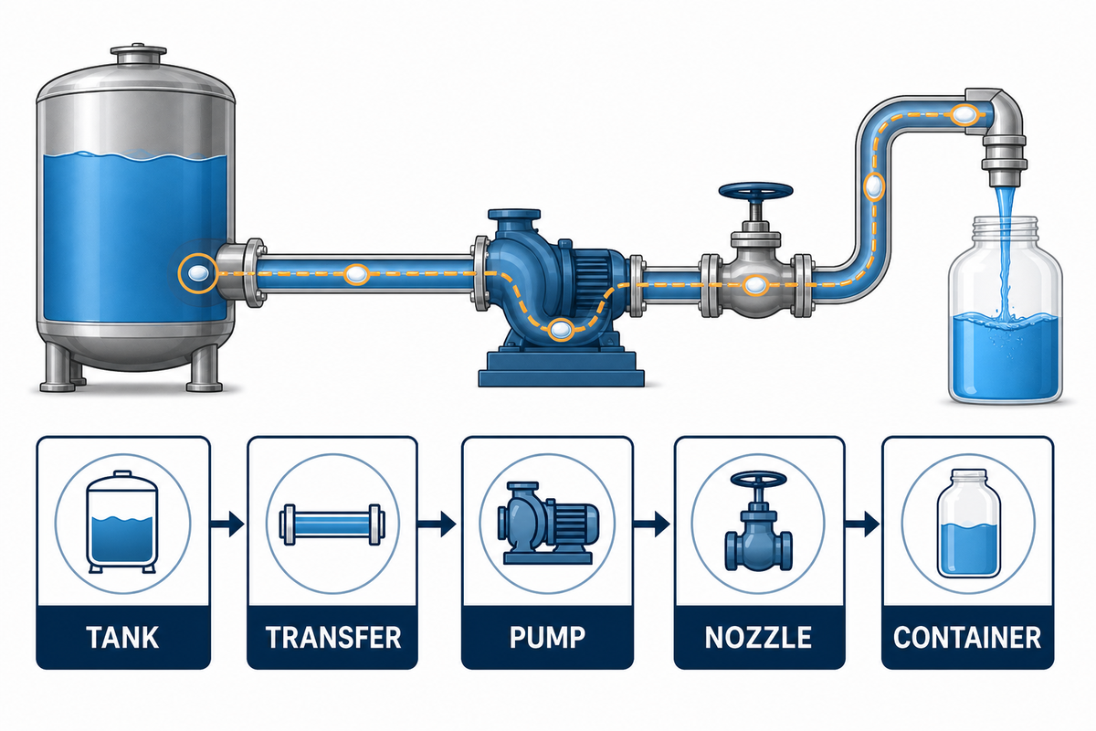 Foam origin map from tank through nozzle to container.