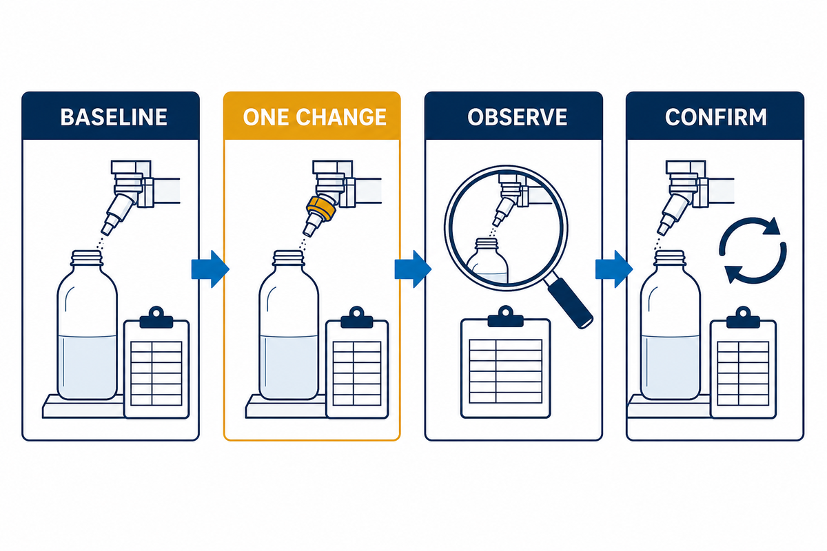 One-Variable Fill Trial for diagnosing foaming in liquid filling.